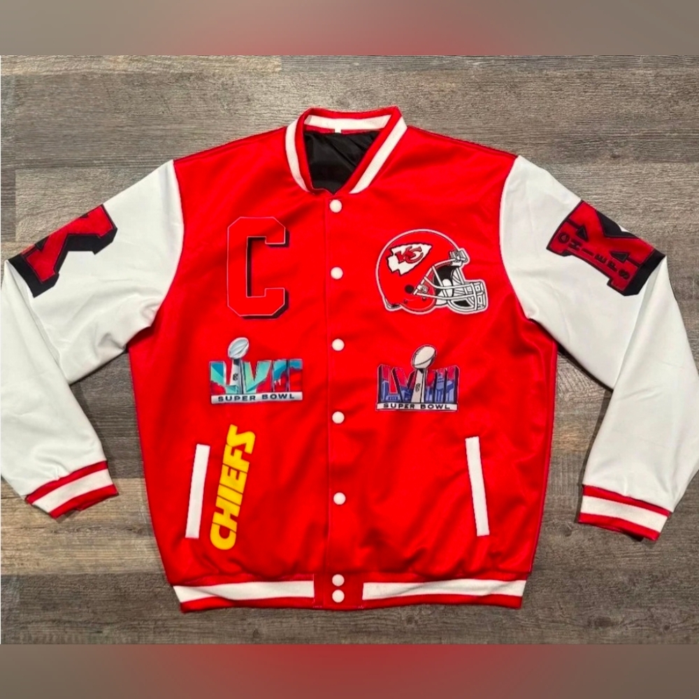 Kansas City Chiefs Men's Medium Red and White Varsity Bomber Jacket